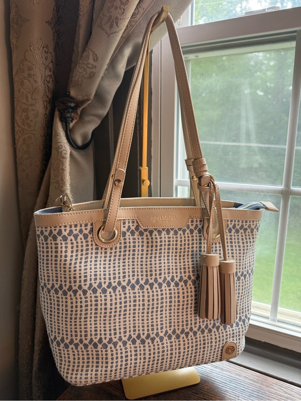 Spartina 449 Navy and Beige Patterned Tote with Tassels